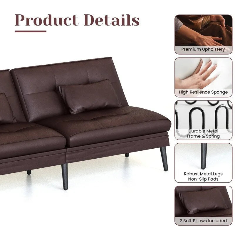 Canapé Futon Convertible, Canapé-lit Dossier Réglable sur 5 Angles avec 2 Oreillers, Fauteuil Inclinable Style Moderne