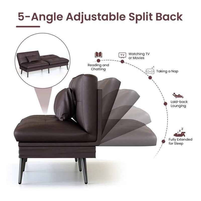 Canapé Futon Convertible, Canapé-lit Dossier Réglable sur 5 Angles avec 2 Oreillers, Fauteuil Inclinable Style Moderne