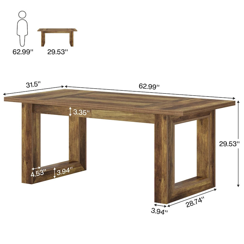 Table à manger de cuisine rectangulaire en bois de style fermier de 63 pouces