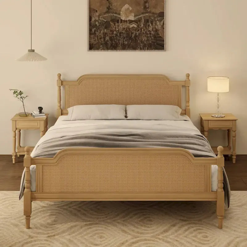 Lit plate-forme de style traditionnel avec tête et pied de lit en rotin pour chambre à coucher