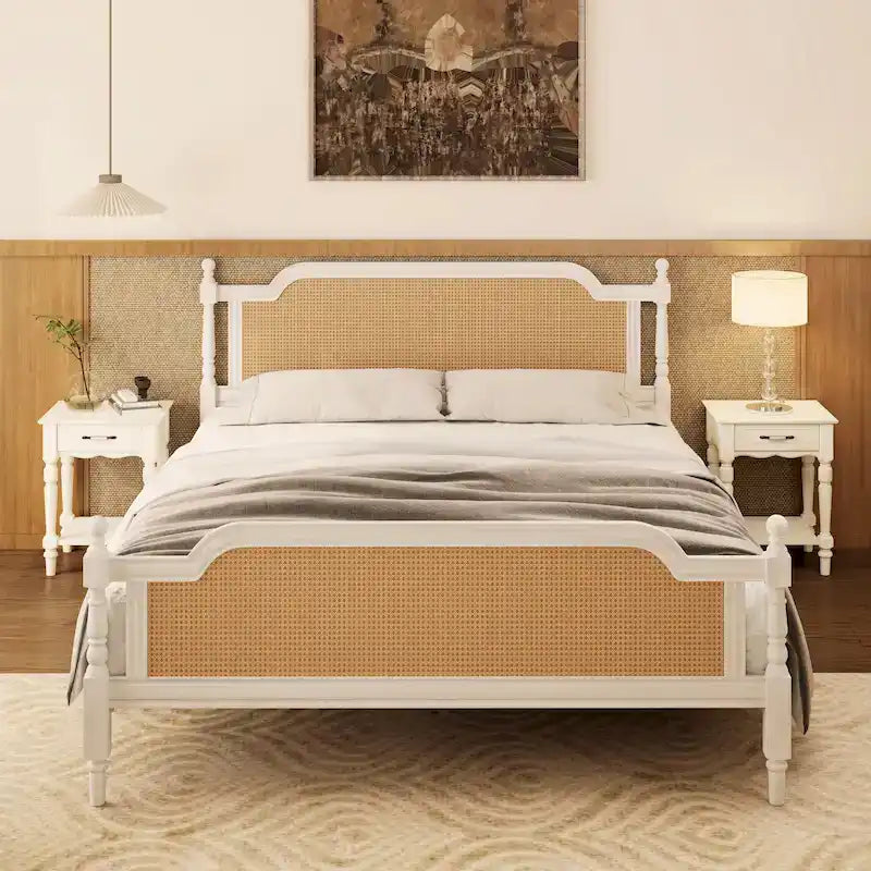 Lit plate-forme de style traditionnel avec tête et pied de lit en rotin pour chambre à coucher