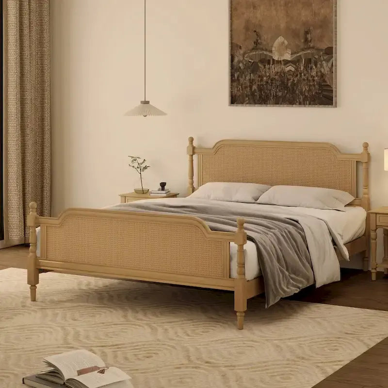 Lit plate-forme de style traditionnel avec tête et pied de lit en rotin pour chambre à coucher