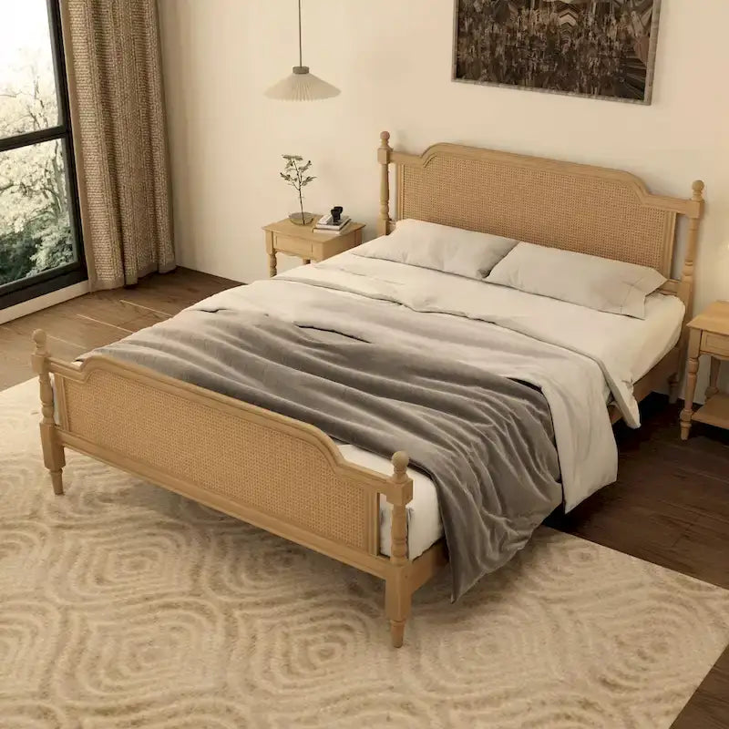 Lit plate-forme de style traditionnel avec tête et pied de lit en rotin pour chambre à coucher