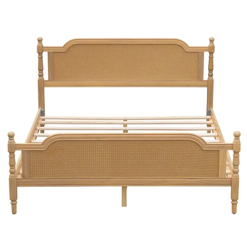 Lit plate-forme de style traditionnel avec tête et pied de lit en rotin pour chambre à coucher