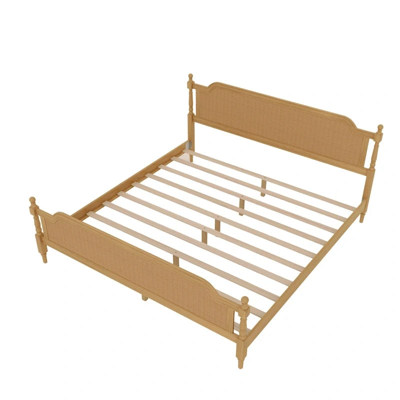 Lit plate-forme de style traditionnel avec tête et pied de lit en rotin pour chambre à coucher