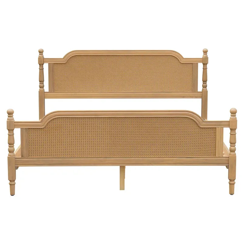 Lit plate-forme de style traditionnel avec tête et pied de lit en rotin pour chambre à coucher