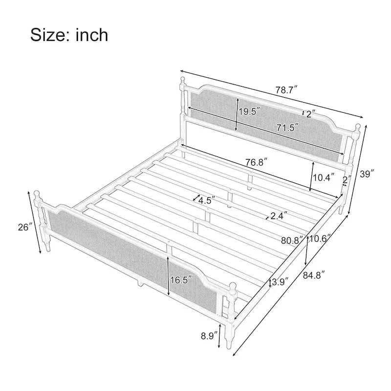 Lit plate-forme de style traditionnel avec tête et pied de lit en rotin pour chambre à coucher