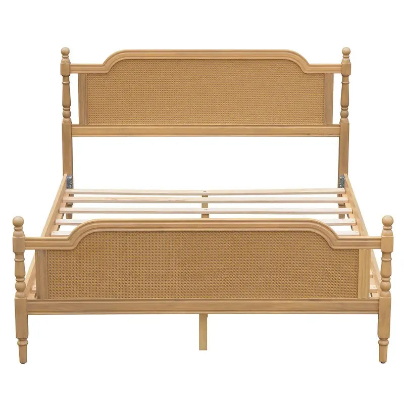 Lit plate-forme de style traditionnel avec tête et pied de lit en rotin pour chambre à coucher
