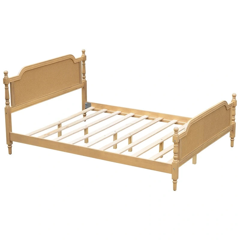 Lit plate-forme de style traditionnel avec tête et pied de lit en rotin pour chambre à coucher