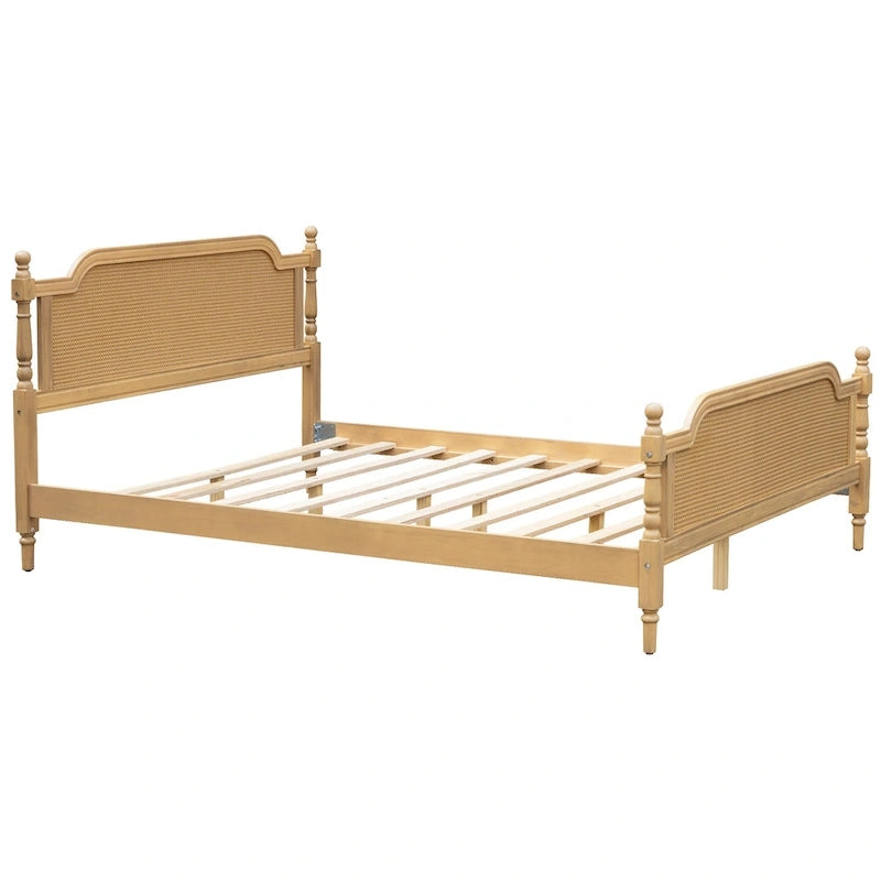 Lit plate-forme de style traditionnel avec tête et pied de lit en rotin pour chambre à coucher