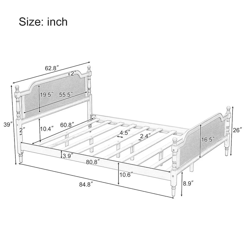 Lit plate-forme de style traditionnel avec tête et pied de lit en rotin pour chambre à coucher
