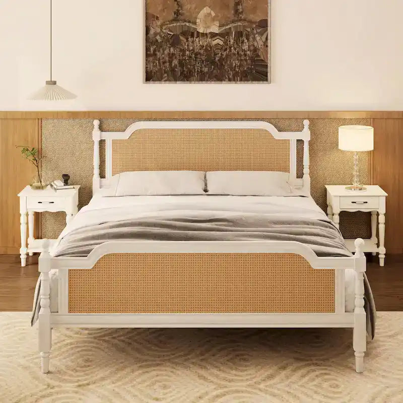 Lit plate-forme de style traditionnel avec tête et pied de lit en rotin pour chambre à coucher