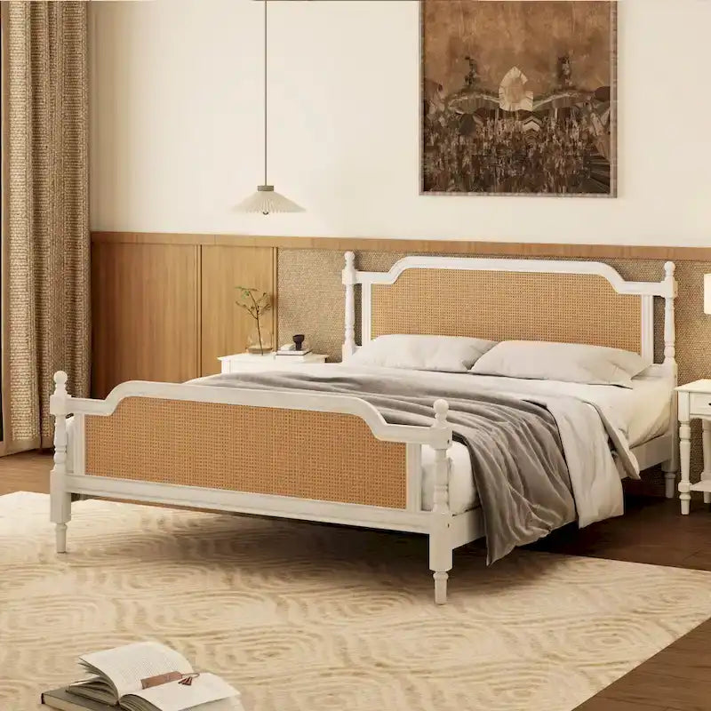 Lit plate-forme de style traditionnel avec tête et pied de lit en rotin pour chambre à coucher