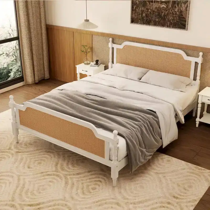 Lit plate-forme de style traditionnel avec tête et pied de lit en rotin pour chambre à coucher