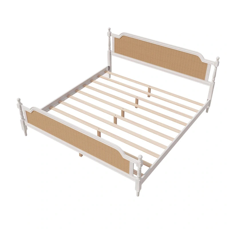 Lit plate-forme de style traditionnel avec tête et pied de lit en rotin pour chambre à coucher