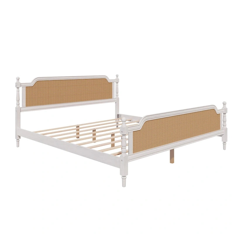 Lit plate-forme de style traditionnel avec tête et pied de lit en rotin pour chambre à coucher