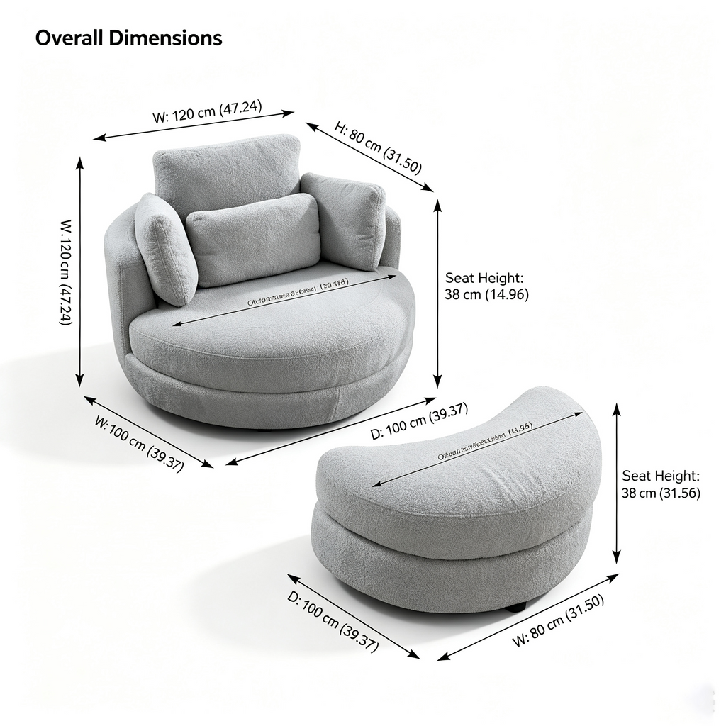 Fauteuil crapaud pivotant surdimensionné avec pouf de rangement lune