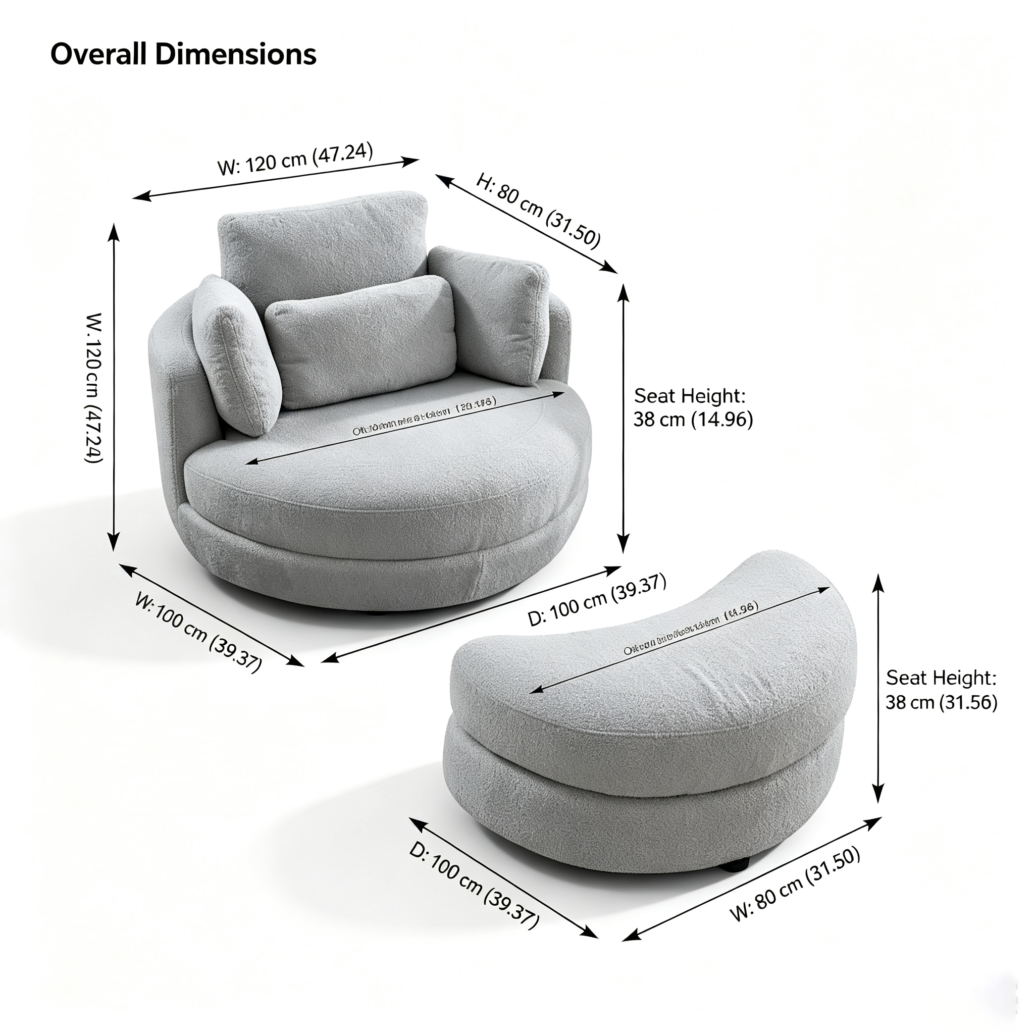 Fauteuil crapaud pivotant surdimensionné avec pouf de rangement lune