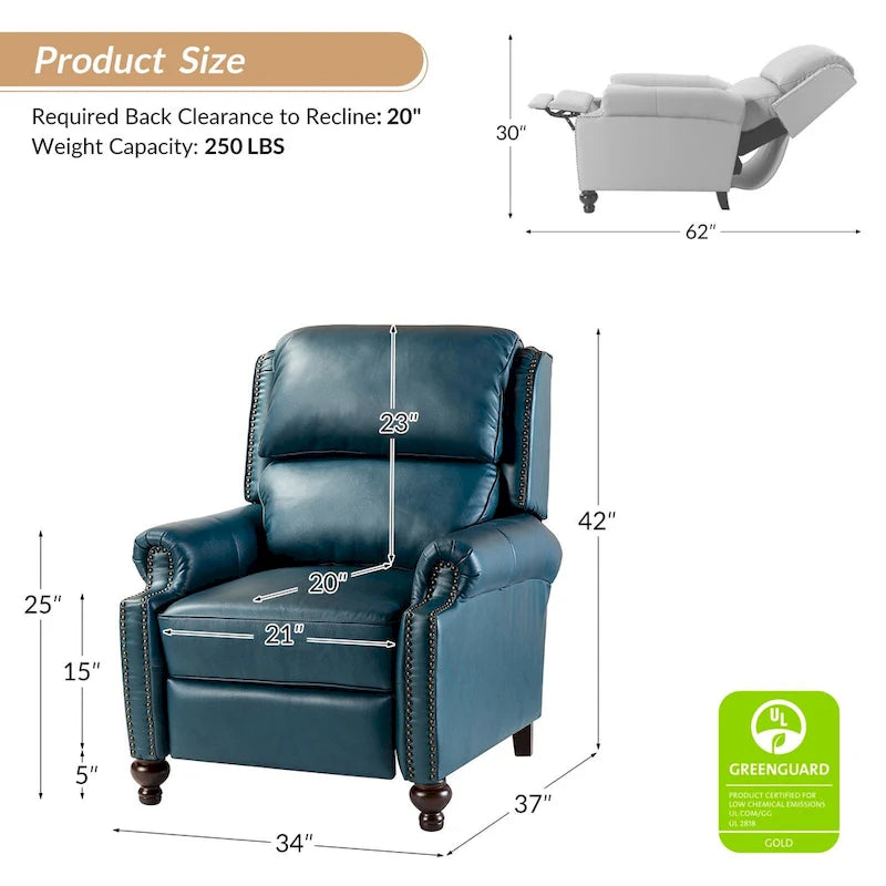Fauteuil inclinable en cuir véritable Mid-Century Modern avec garniture cloutée