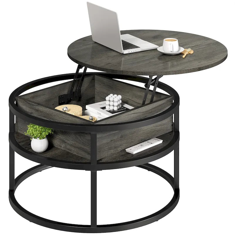 Table basse ronde à plateau relevable avec rangement dissimulé