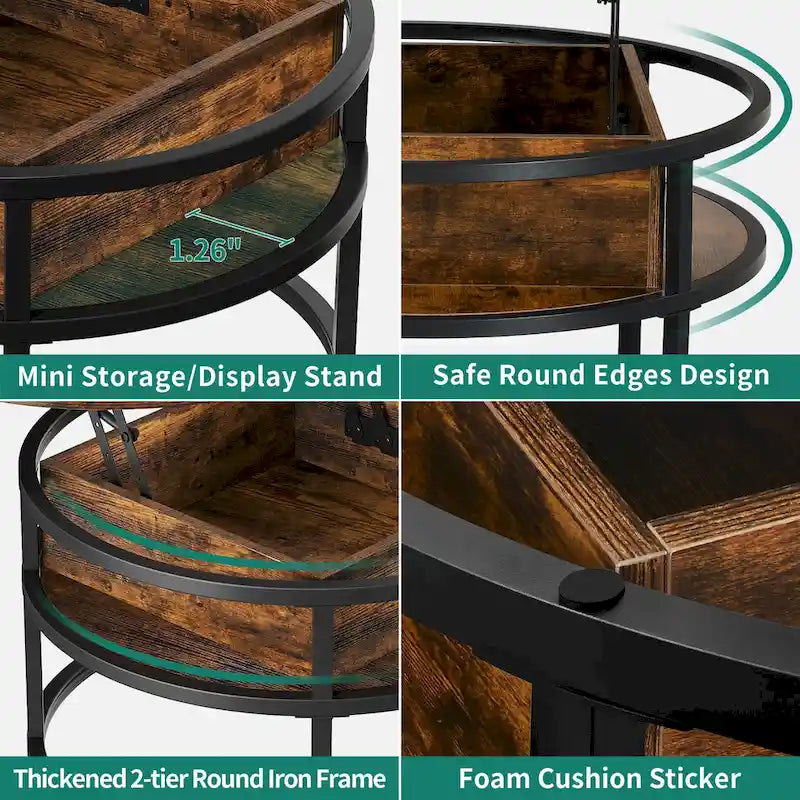 Table basse ronde à plateau relevable avec rangement dissimulé