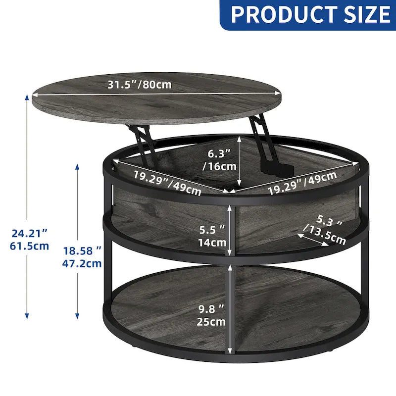 Table basse ronde à plateau relevable avec rangement dissimulé