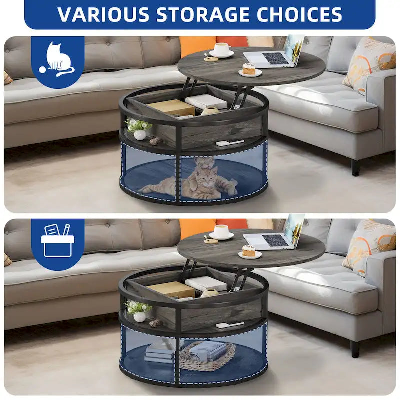 Table basse ronde à plateau relevable avec rangement dissimulé