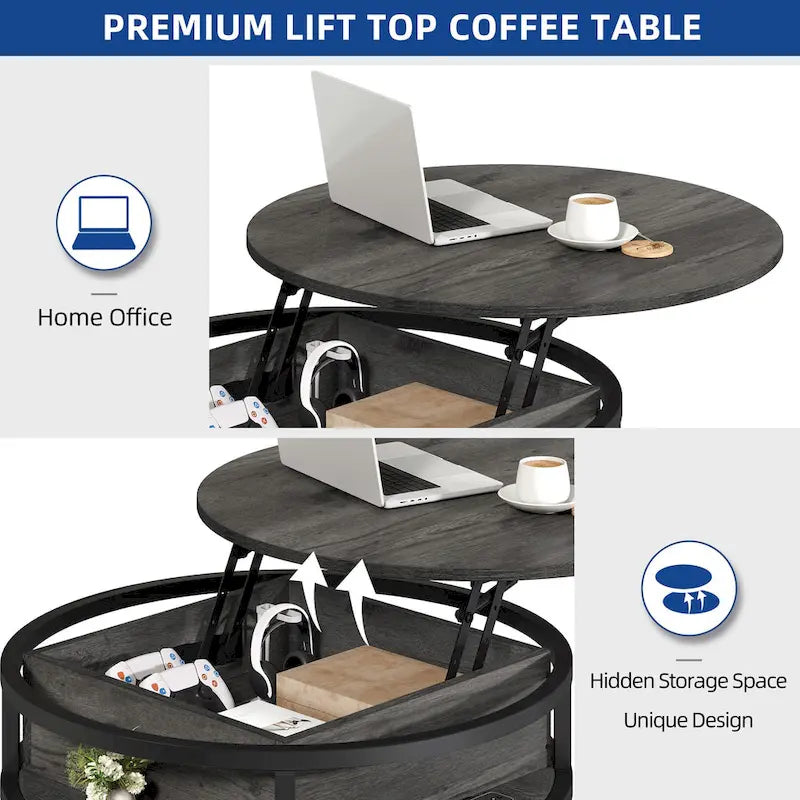 Table basse ronde à plateau relevable avec rangement dissimulé