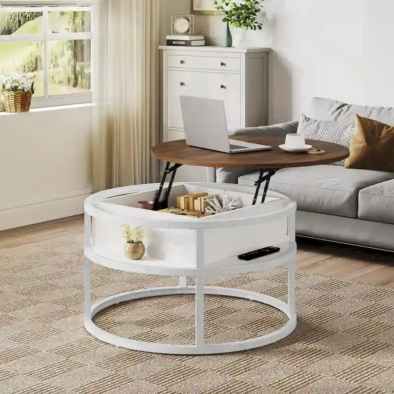 Table basse ronde à plateau relevable avec rangement dissimulé
