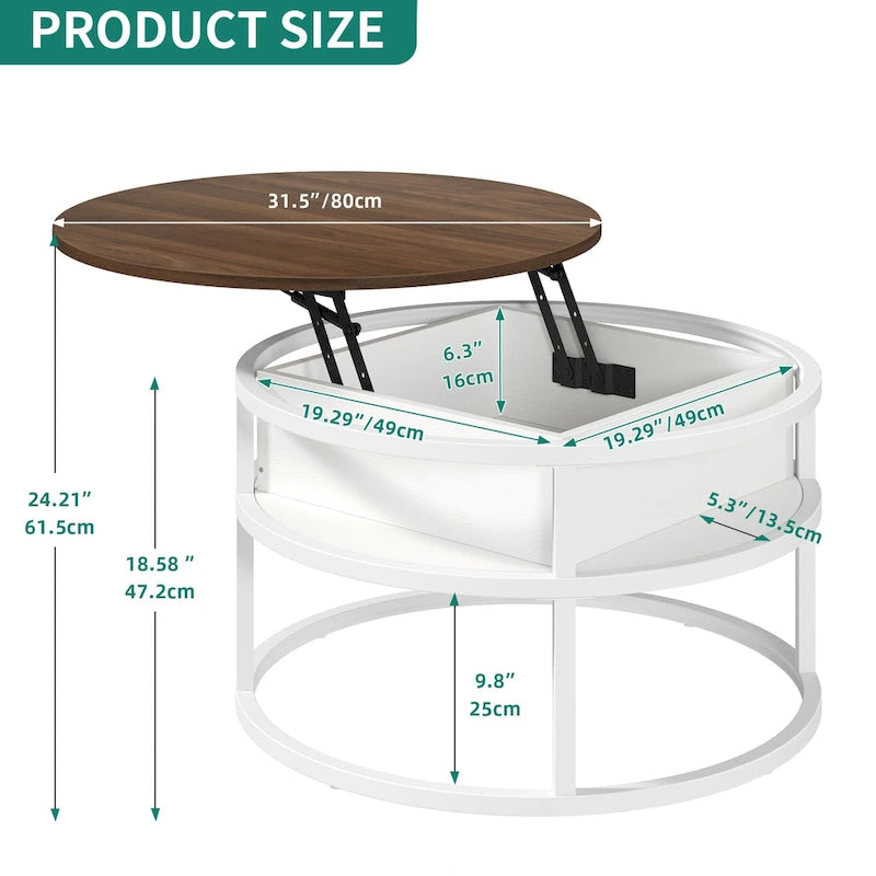 Table basse ronde à plateau relevable avec rangement dissimulé