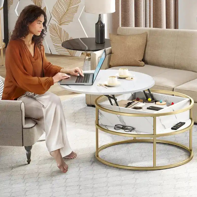 Table basse ronde à plateau relevable avec rangement dissimulé