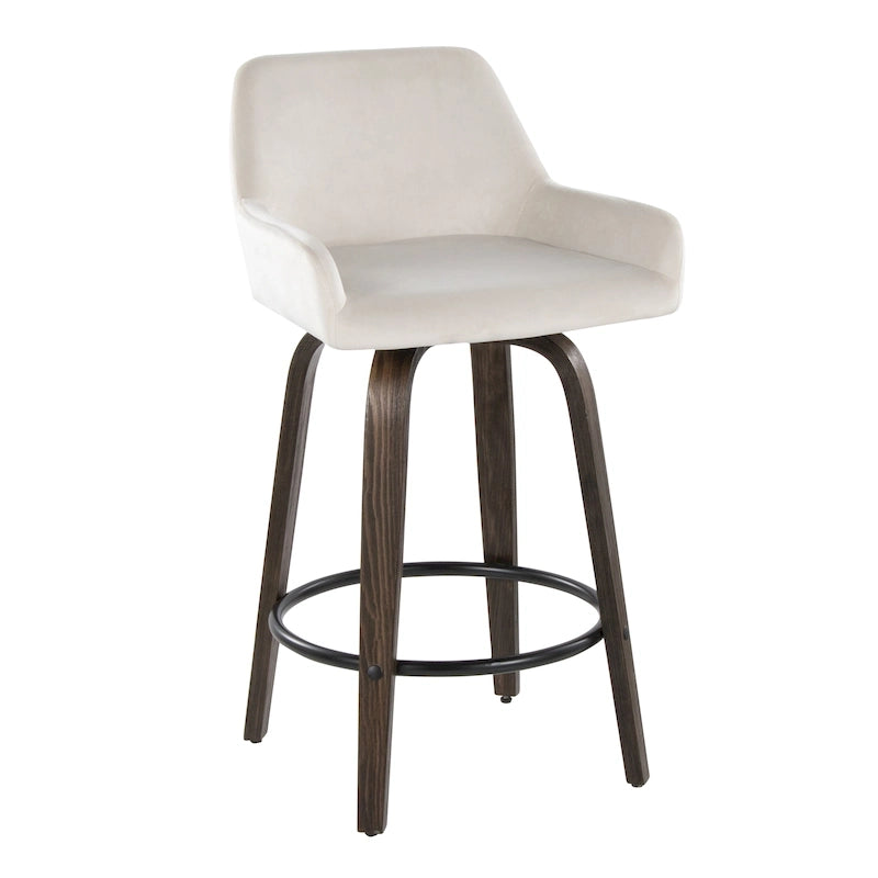 Tabouret de bar à hauteur fixe de 66 cm avec pieds en bois courbé et repose-pieds rond