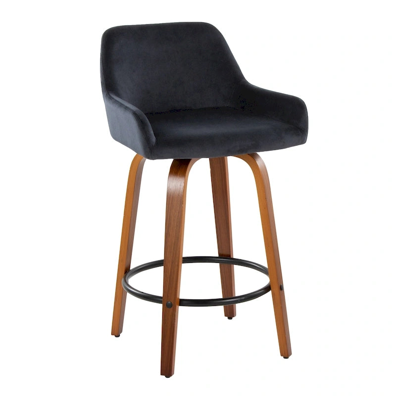 Tabouret de bar à hauteur fixe de 66 cm avec pieds en bois courbé et repose-pieds rond