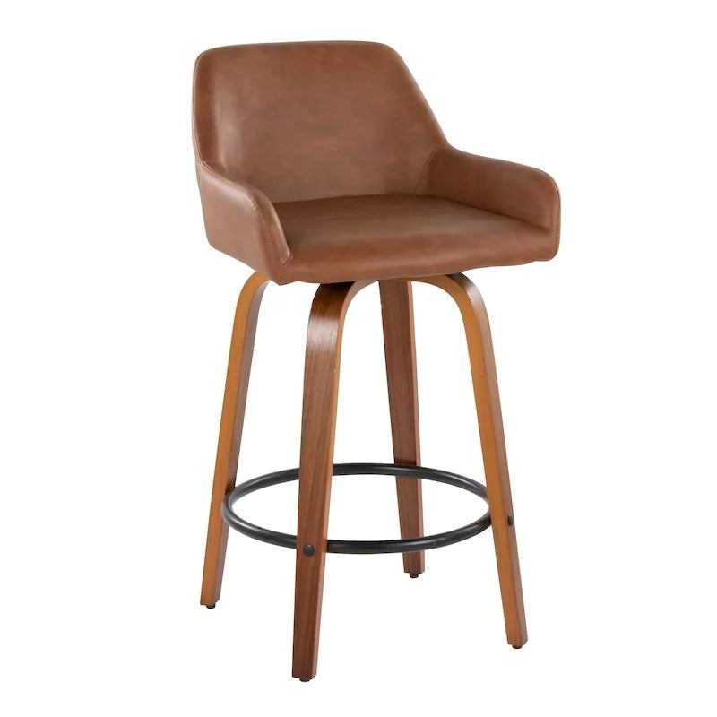 Tabouret de bar à hauteur fixe de 66 cm avec pieds en bois courbé et repose-pieds rond