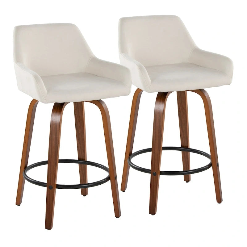 Tabouret de bar à hauteur fixe de 66 cm avec pieds en bois courbé et repose-pieds rond