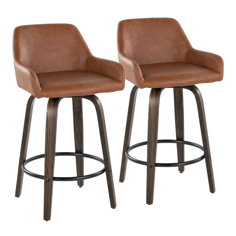 Tabouret de bar à hauteur fixe de 66 cm avec pieds en bois courbé et repose-pieds rond