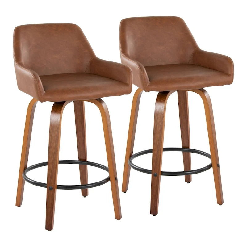 Tabouret de bar à hauteur fixe de 66 cm avec pieds en bois courbé et repose-pieds rond