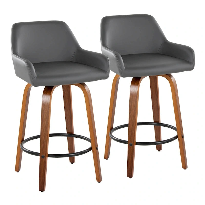 Tabouret de bar à hauteur fixe de 66 cm avec pieds en bois courbé et repose-pieds rond