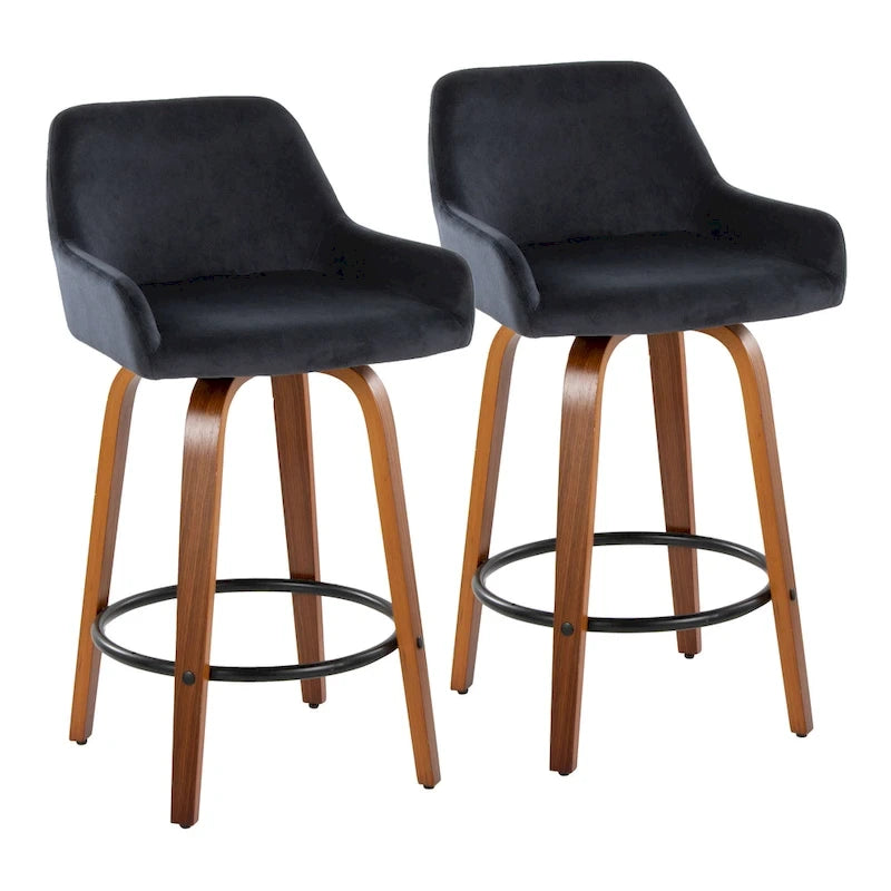 Tabouret de bar à hauteur fixe de 66 cm avec pieds en bois courbé et repose-pieds rond