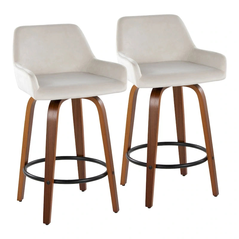 Tabouret de bar à hauteur fixe de 66 cm avec pieds en bois courbé et repose-pieds rond