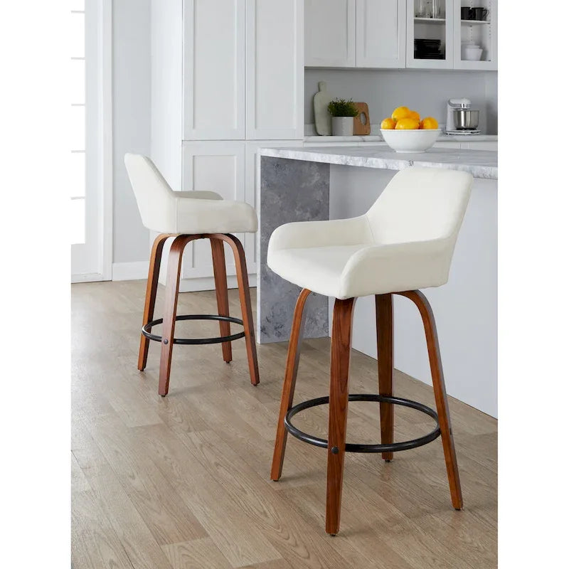 Tabouret de bar à hauteur fixe de 66 cm avec pieds en bois courbé et repose-pieds rond