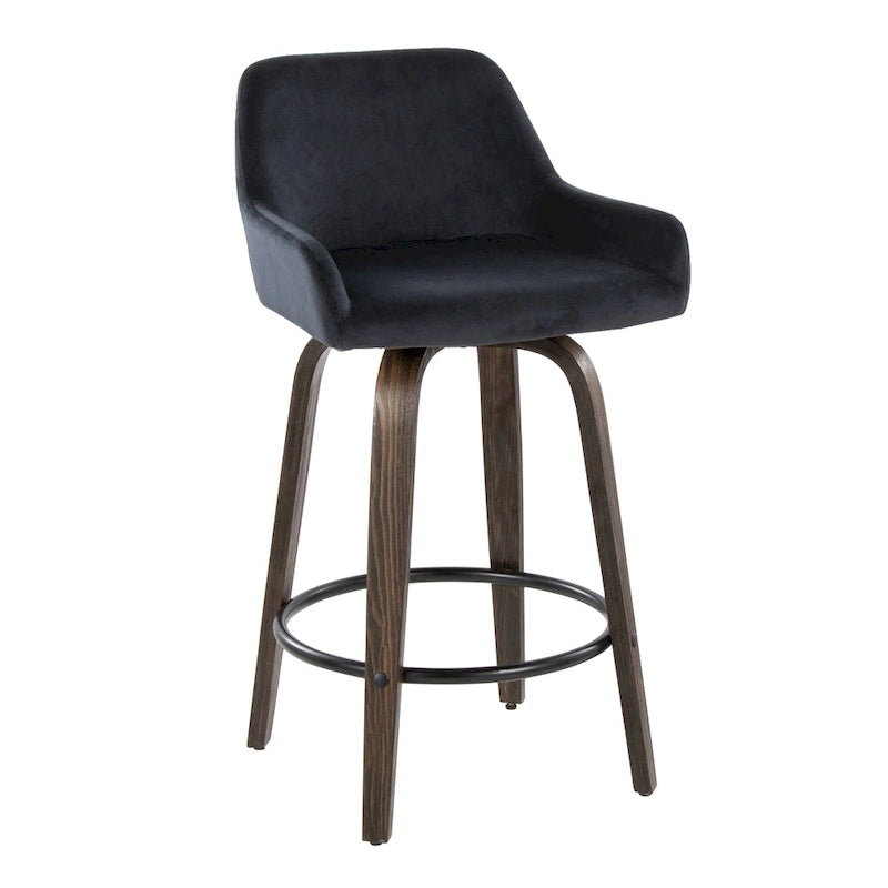 Tabouret de bar à hauteur fixe de 66 cm avec pieds en bois courbé et repose-pieds rond