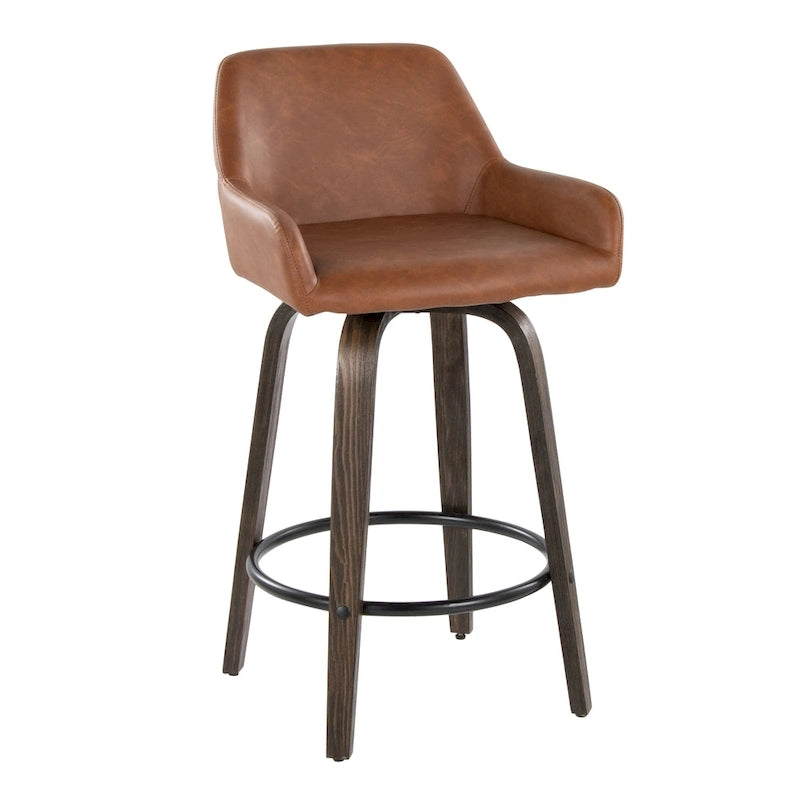 Tabouret de bar à hauteur fixe de 66 cm avec pieds en bois courbé et repose-pieds rond