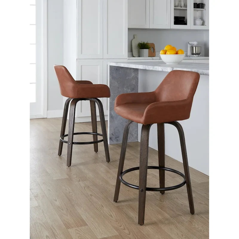 Tabouret de bar à hauteur fixe de 66 cm avec pieds en bois courbé et repose-pieds rond