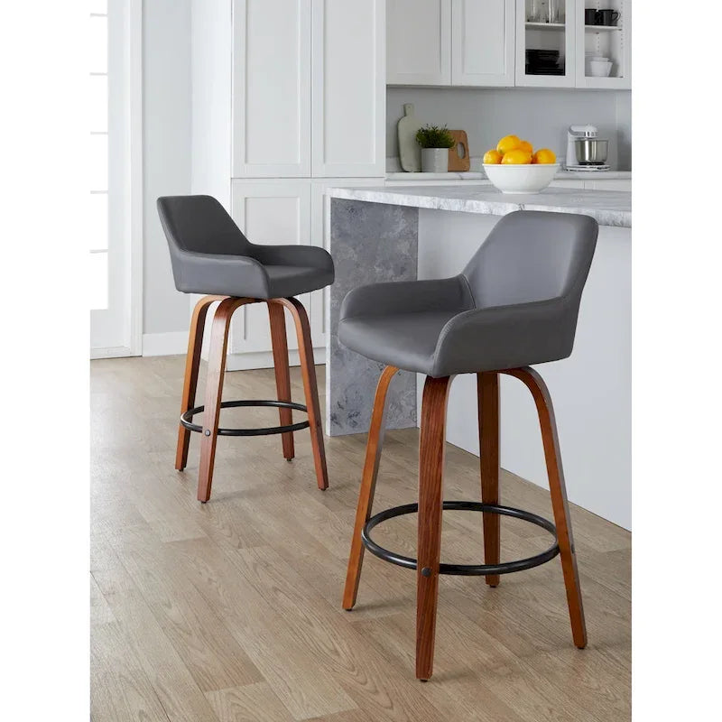 Tabouret de bar à hauteur fixe de 66 cm avec pieds en bois courbé et repose-pieds rond
