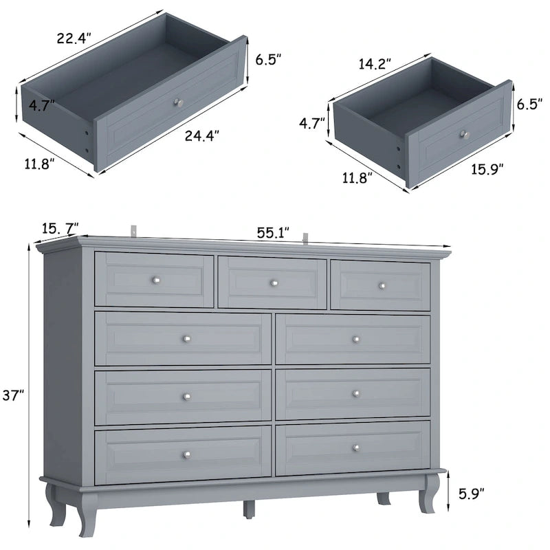 Commode à 9 tiroirs de 139,95 cm de large : Meuble de rangement spacieux au design épuré, laqué