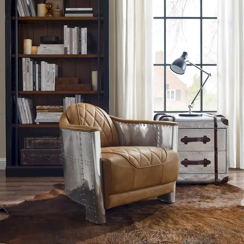 Fauteuil d'appoint industriel rétro en cuir pleine fleur et aluminium