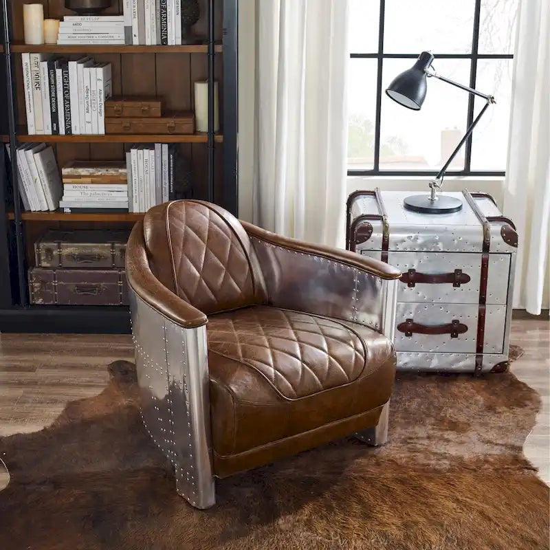 Fauteuil d'appoint industriel rétro en cuir pleine fleur et aluminium