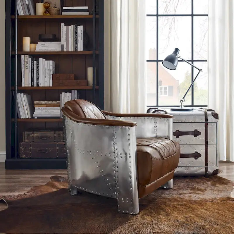 Fauteuil d'appoint industriel rétro en cuir pleine fleur et aluminium