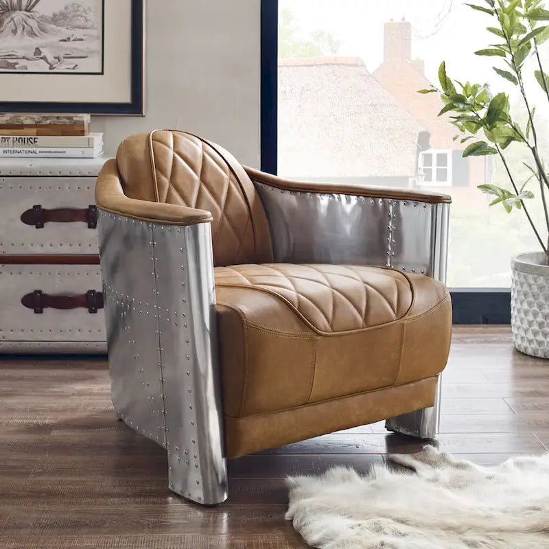 Fauteuil d'appoint industriel rétro en cuir pleine fleur et aluminium